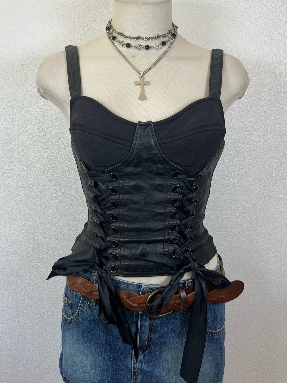 Vintage Black Lace-Up 100% Leather Corset Top